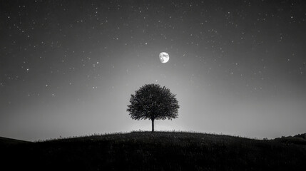 Lone tree atop a hill against the backdrop of a moonlit starry night, creating a tranquil scene