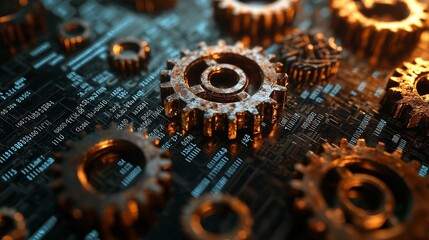 Rusty gears on code symbolize outdated programming languages plagued with bugs.