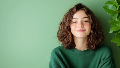 Obraz premium Smiling young woman with curly hair poses in front of a green backdrop in a cozy setting