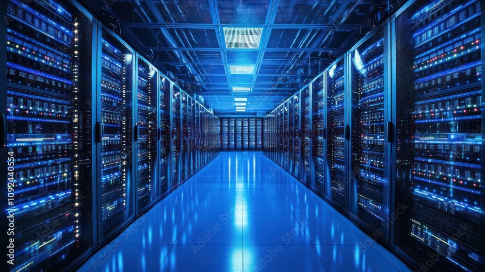 Poster illuminated server room data center technology infrastructure