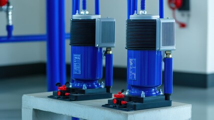 Two blue water pumps are installed on a concrete base, connected to blue piping in a modern industrial setting.