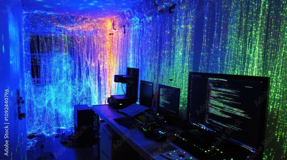 Poster illuminated workspace featuring fiber optic walls and computer monitors