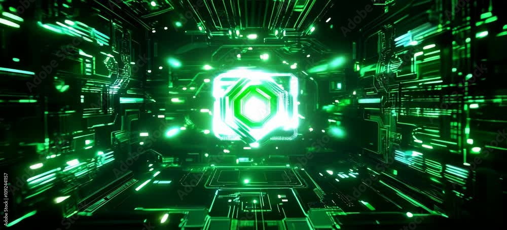 Poster green matrix virtual digital space portal technology background. generative video ai technology.