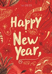 Bright and Colorful Celebration of New Year With Cheerful Designs for 2025, Showcasing Festive Elements and Warm Wishes on a Vibrant Red Backdrop