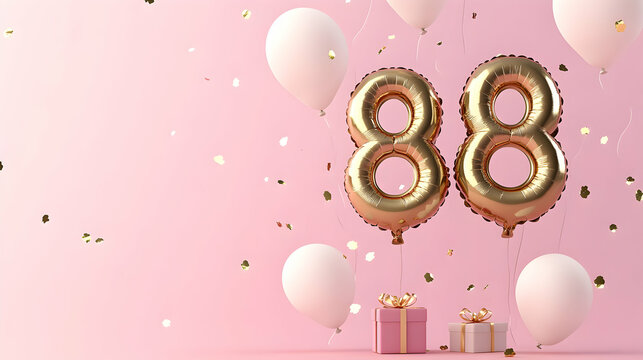 88th Birthday Celebration: Gold Balloons, Pink Gifts, and Confetti Festive Background Illustration