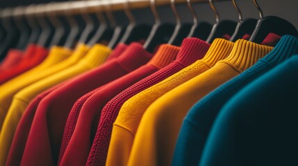 Fototapeta premium Vibrant sweaters lined on a clothing rack.