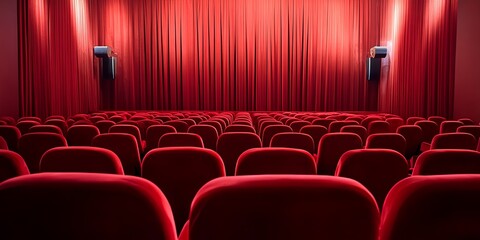 Fototapeta premium Empty movie theater seats with red velvet curtains.