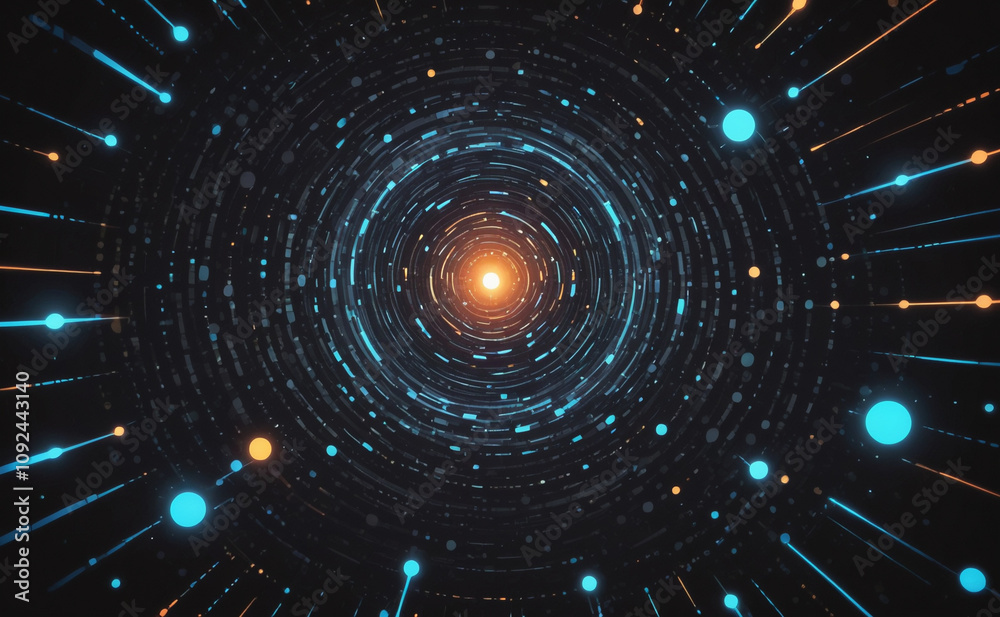Poster spiral of dots with a yellow center. the dots are blue and orange. the spiral is in the middle of th