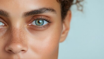Close-up of a person with striking green eyes and curly hair against a light background