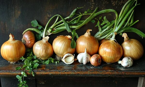 A variety of onions and garlic arranged on a rustic wooden surface, showcasing fresh produce.