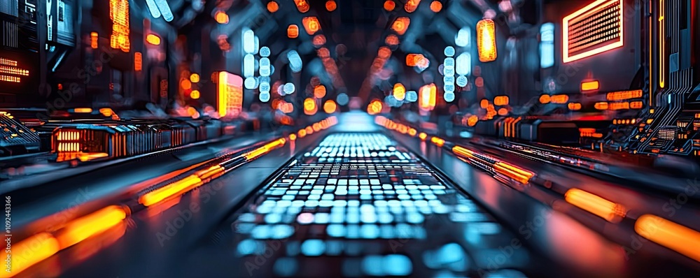 Poster Futuristic corridor with glowing lights and digital interface, abstract design