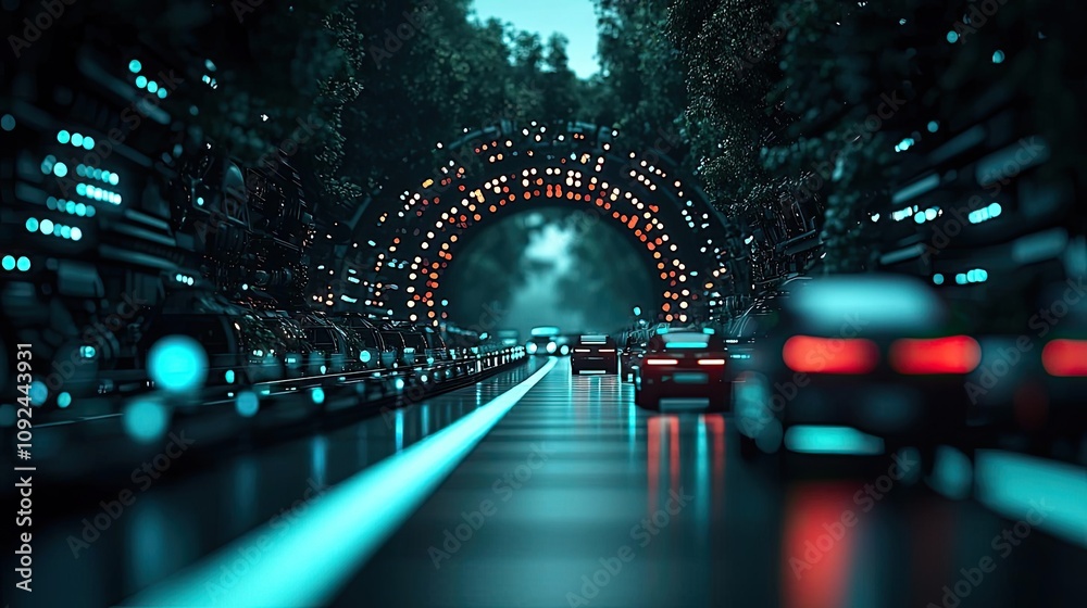 Poster futuristic highway scene with illuminated lanes and digital elements.