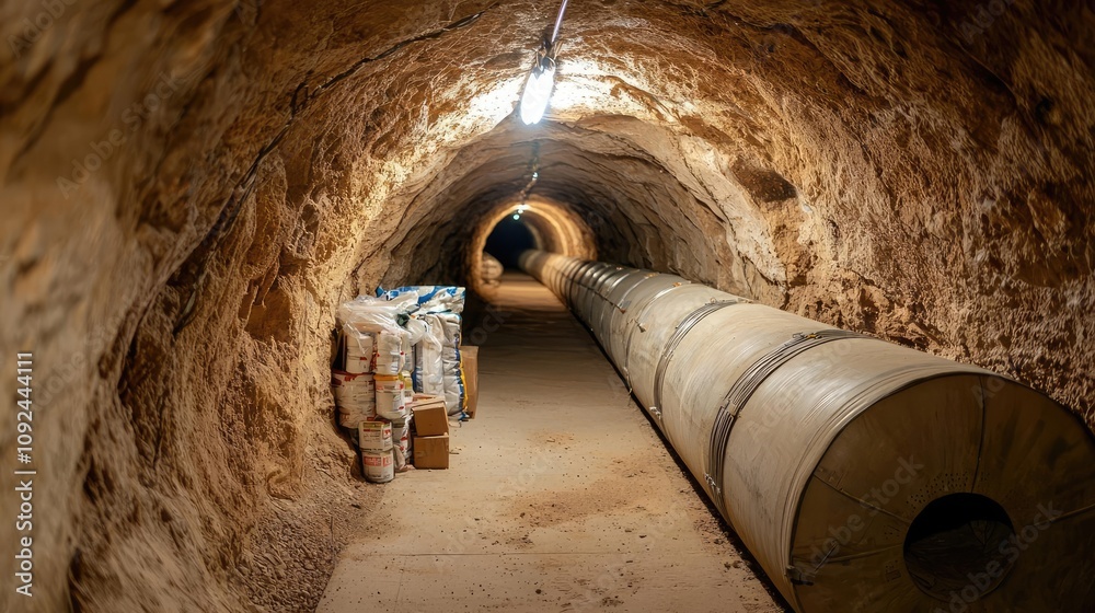 Poster underground tunnel with lighting, storage boxes and a large pipe installation.