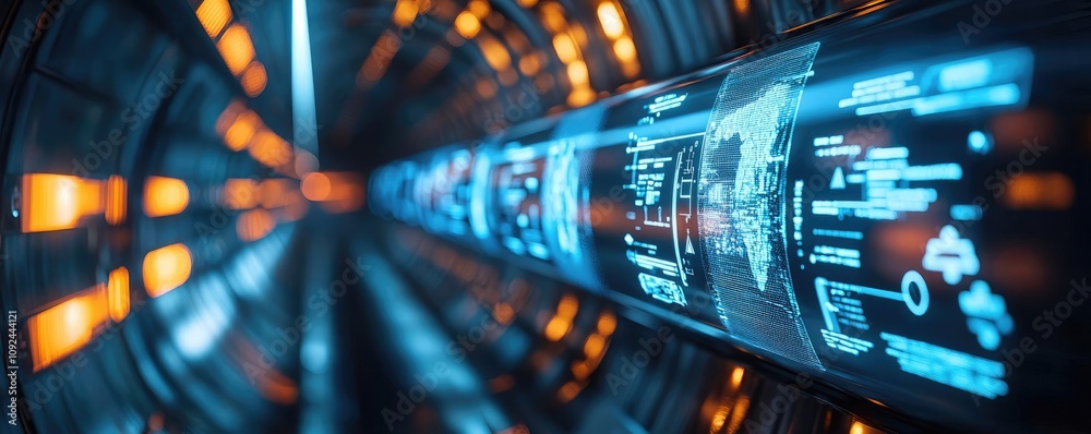 Poster futuristic tunnel with glowing screens and data displays, immersive digital experience.
