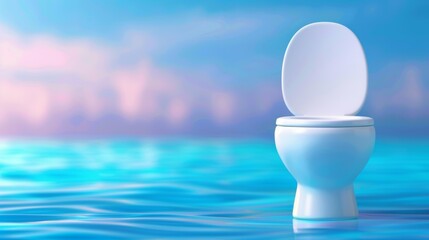 A solitary white toilet stands amid tranquil turquoise waters under a pastel sky, banner, copy space