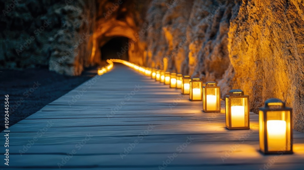 Aufkleber Enchanting pathway illuminated by lanterns leading into a rustic cave.