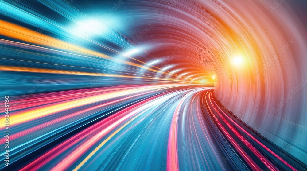 Poster dynamic light trails around tunnel, colorful abstract background