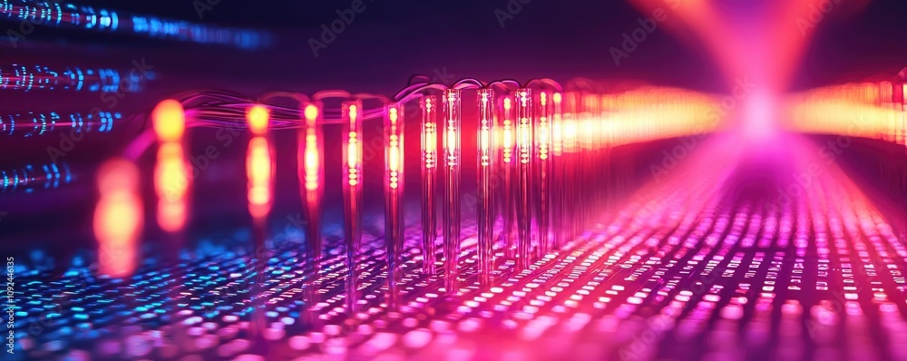Poster Vibrant abstract technology background with colorful lights and patterns.
