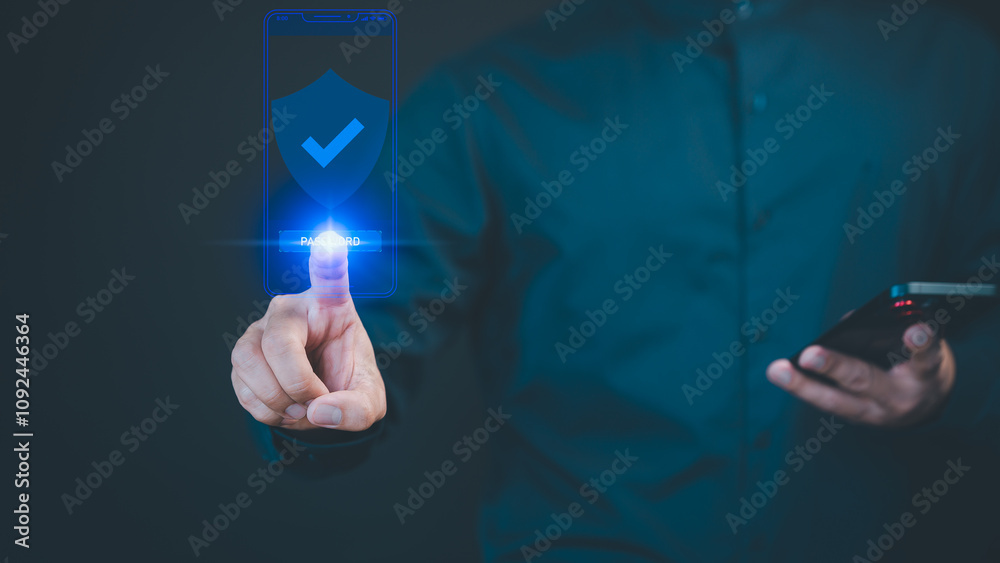 Poster A person authenticates with a digital security interface on a smartphone, showcasing a virtual shield with a checkmark and password verification technology.