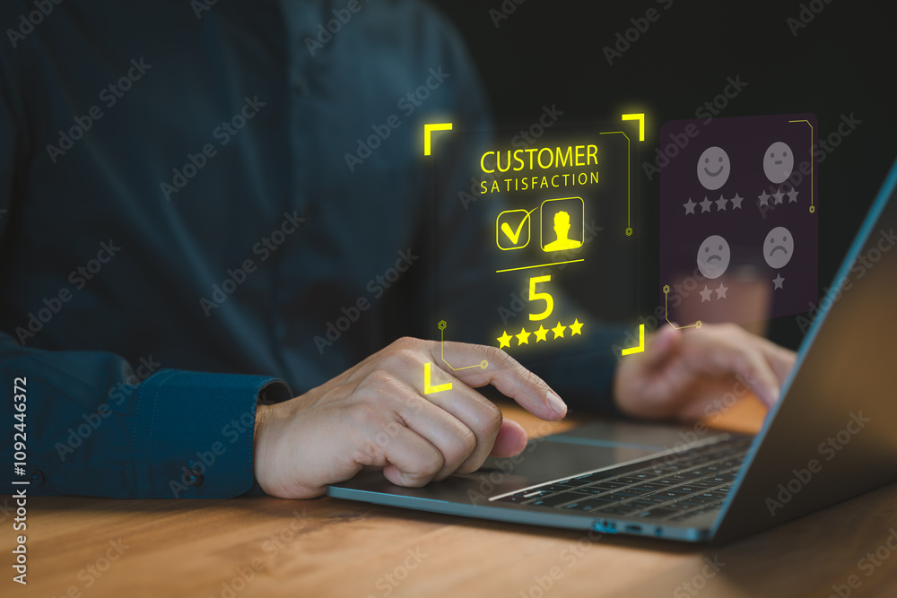 Aufkleber A professional user interacts with a laptop, displaying a virtual interface for customer satisfaction ratings and reviews with a highlighted 5-star rating.