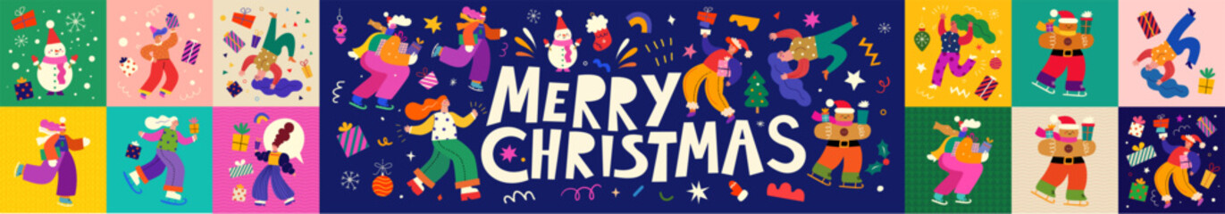 Big Christmas banner. Merry Christmas design. Advent Christmas calendar. Merry Christmas holiday elements. Christmas decorative collection with fun people, Santa Claus, Snowman. Christmas gifts.