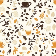 Fototapeta premium Colorful Coffee and Tea Pattern with Cups and Beans