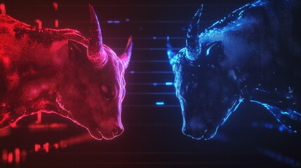 Bull and bear stock market, financial battles, market volatility, digital trading, glowing lights.