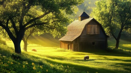 Wooden barn in a lush green field, surrounded by trees, bright sunlight, rural and pastoral setting, simple and charming, traditional architecture, countryside