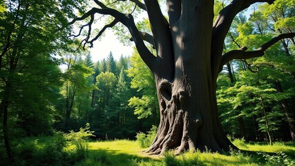 Fototapeta premium Majestic mature deciduous tree standing in a tranquil forest glade surrounded by lush greenery on a sunny summer day, green tree, landscape
