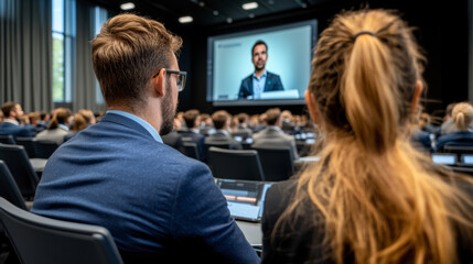 Attendees Listen to a Speaker During a Conference Presentation in a Modern Auditorium Setting