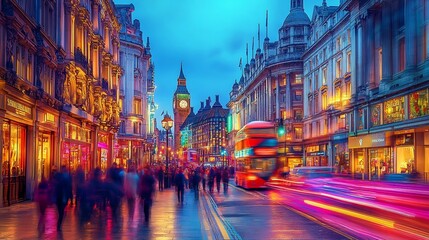 Naklejka premium Bustling Nighttime Cityscape of Vibrant Illuminated Shopping Street in London