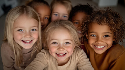 Fototapeta premium Group of Happy Children Smiling Together in Cozy Indoor Setting During a Playful Afternoon