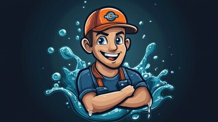 A cartoon plumber in overalls with a confident smile standing in a water splash.
