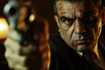 Generative AI Image of Retro Criminal Gangster Aiming Gun in Classic Detective Style Setting