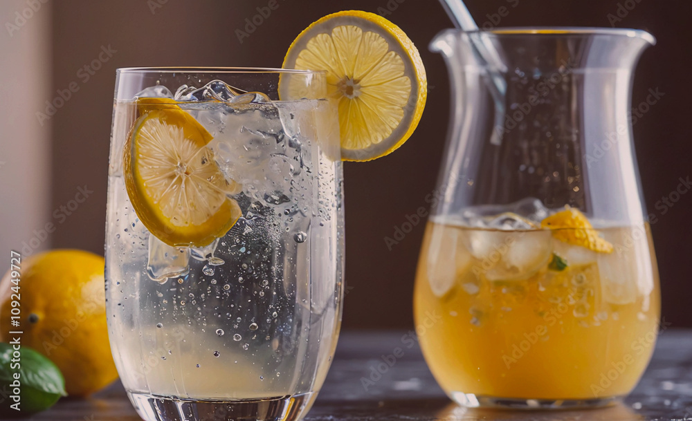 Poster pitcher of lemonade is poured into a glass. the glass is full of ice and has a lemon slice in it