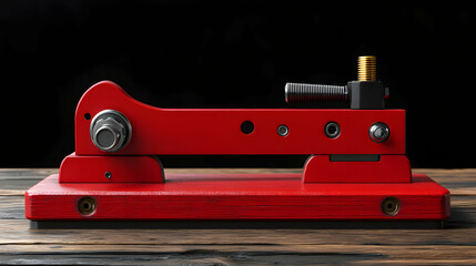 Naklejka premium Red Metal Clamp Device with Screws, Precisely Crafted on Wooden Surface, Industrial Design