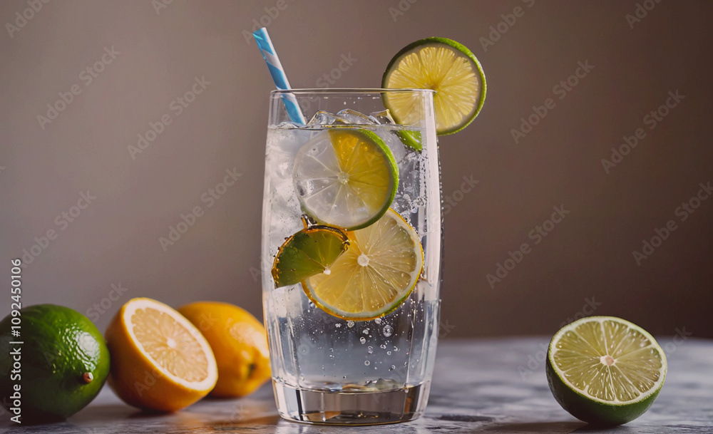 Aufkleber Glass of water with a straw and a slice of lime in it. There are also two slices of lemon on the table