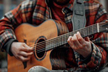 Fototapeta premium Generative AI Image of a Guitarist Performing with Acoustic Guitar