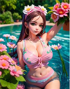 Picture of a little girl doll in a beautiful floral swimsuit. AI-Generated	