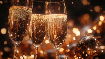 A New Yeara??s champagne toast with shiny stars and shimmering lights all around.