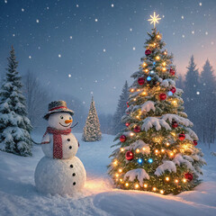 Obraz premium Snowman and Christmas Tree Poster - Festive Winter Holiday Design for Prints and Cards