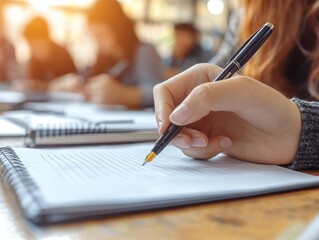 A high school student writing an essay at a crowded desk