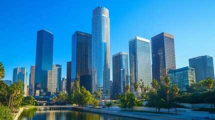 Obraz premium Majestic Skyline of Modern Skyscrapers Reflecting Iconic Urban Architecture