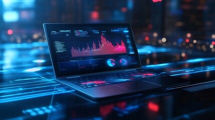 Fototapeta premium Financial Goal Analysis with 3D Laptop Displaying Business Charts and Graphs on Blue Banner