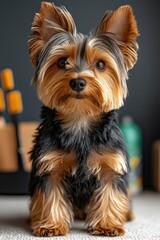 Pet groomer with brush and scissors in full-length pose
