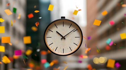 Clock surrounded by colorful confetti in an urban setting