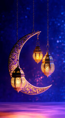 Decorative crescent moon and lanterns with glowing lights on a blue background