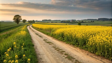 A golden sea of bright yellow clover blooming along the edge of a rural path, clover, spring