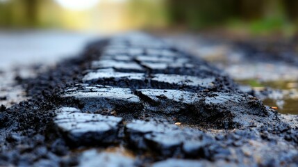 Close-up of tire tracks on wet asphalt.