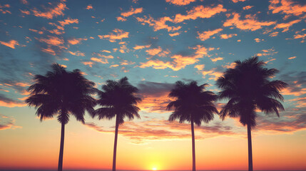 Obraz premium Silhouette of Four Palm Trees at a Vibrant Sunset over Ocean